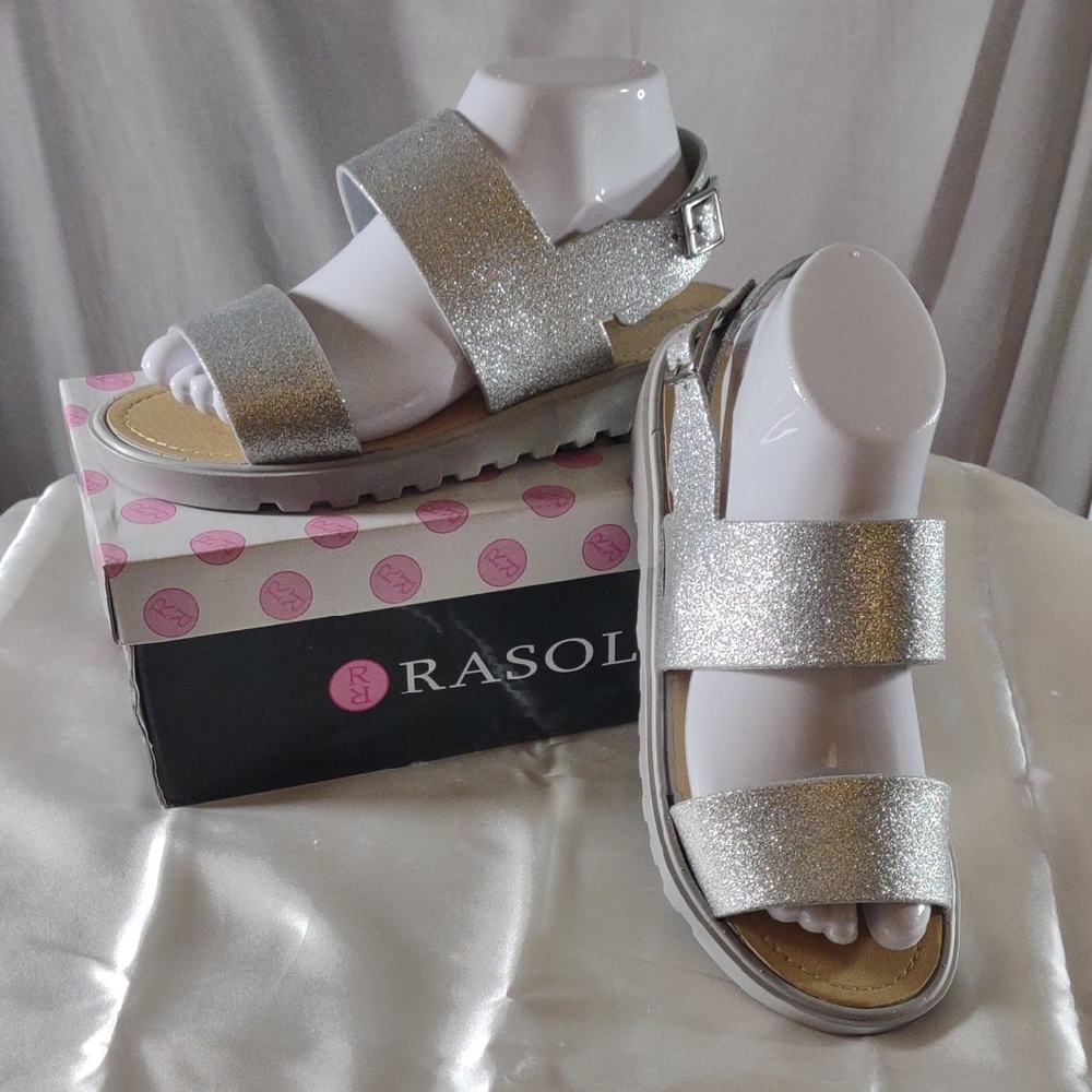 Rasolli Silver Glitter Buckle Sandals - Size 9.5